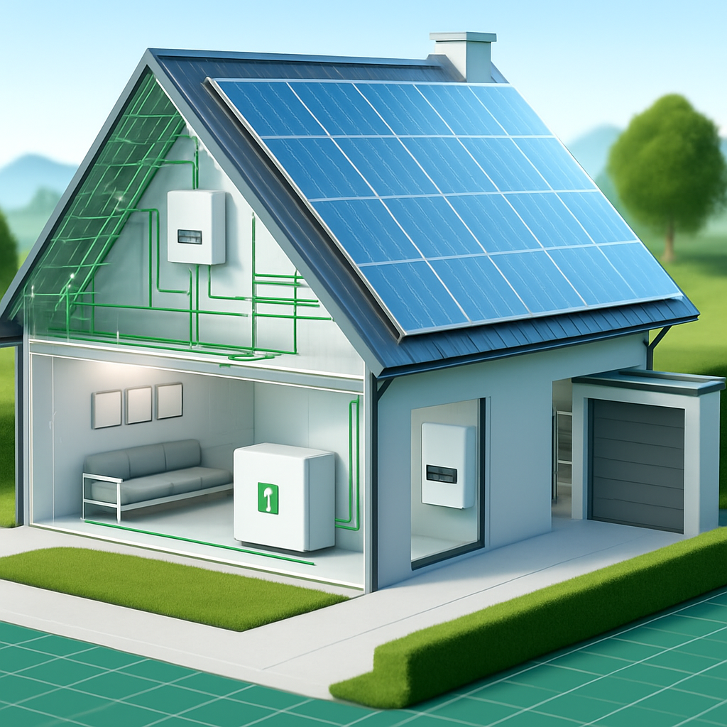 Haus mit Photovoltaik Anlage, Wechselrichter und Photovoltaik Speicher